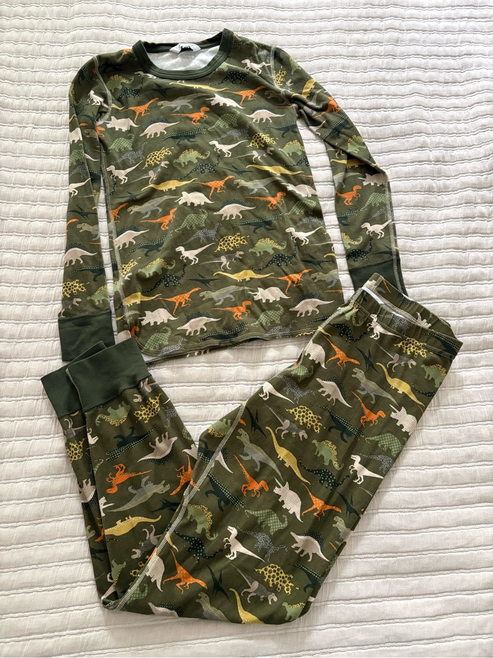 The Company Store Dinosaur Print Pajama Set Olive Green Organic Cotton Small